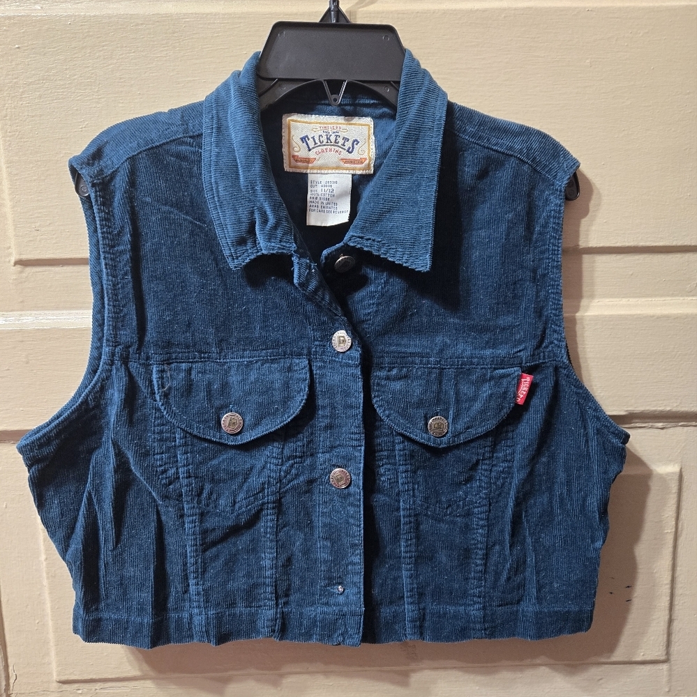Tickets Women's Corduroy Teal Blue Cropped Western Vintage Vest Size: 11/12